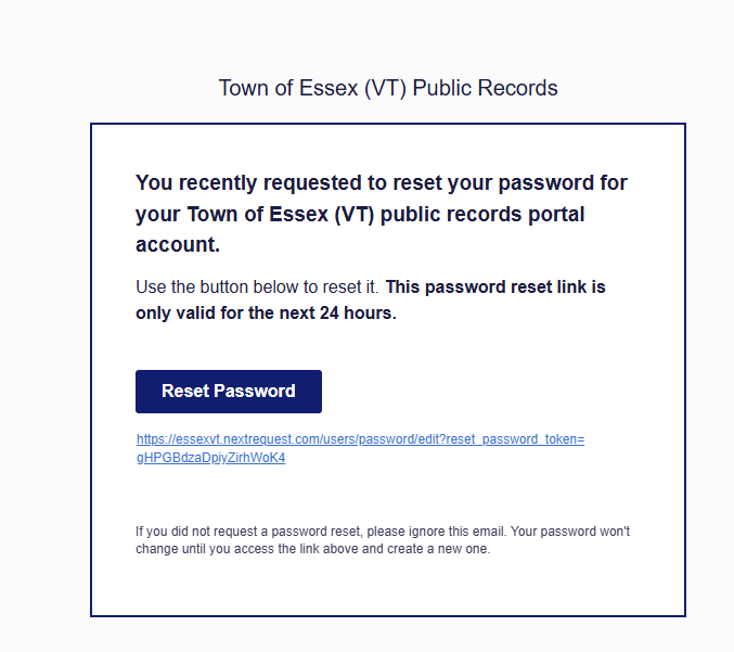Screenshot of email to reset password
